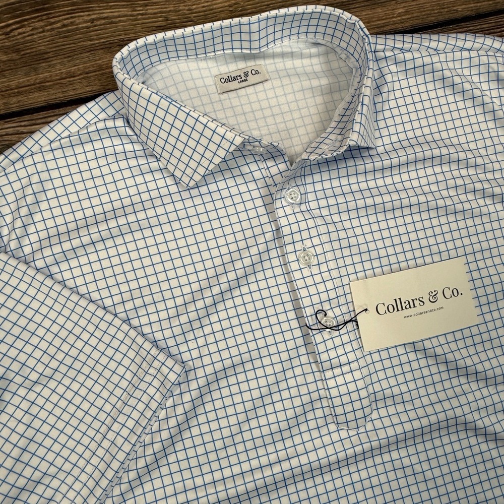 Collars & Co Mens Dress Collar Polo Size Large Thin Blue Check NEW - Picture 3 of 10